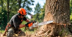 Arborist felling a large tree with a chainsaw