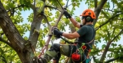 Climber pruning branches high in a tree